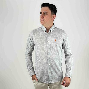 Camisa Ralph Lauren Manga Longa Linho Cinza Claro Logo Clássico Laranja LI