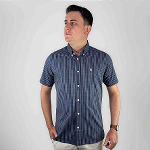 Camisa Ralph Lauren Xadrez Manga Curta Preto Chumbo Logo Clássico Cinza