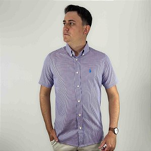 Camisa Ralph Lauren Micro Xadrez Manga Curta Marinho Vermelho Logo Clássico Celeste