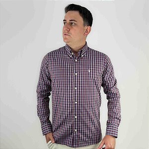 Camisa Ralph Lauren Xadrez Manga Longa Bordo Listra Verde Claro Logo Clássico Branco