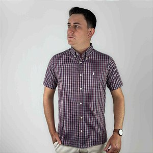 Camisa Ralph Lauren Xadrez Manga Curta Bordo Listra Verde Claro Logo Clássico Branco