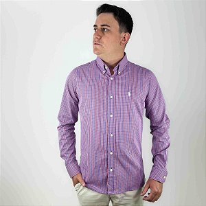 Camisa Ralph Lauren Xadrez Manga Longa Vermelho Listra Azul Royal Logo Clássico Branco