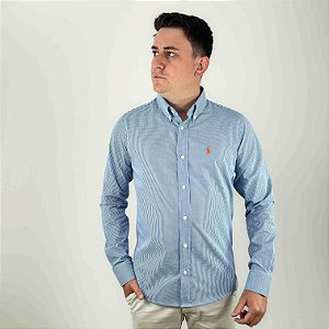 Camisa Ralph Lauren Micro Xadrez Manga Longa Azul Royal Verde Logo Clássico Laranja