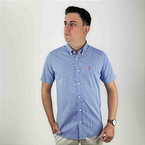 Camisa Ralph Lauren Micro Xadrez Manga Curta Azul Royal Logo Clássico Laranja