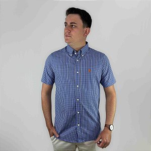 Camisa Ralph Lauren Xadrez Manga Curta Azul Royal Logo Clássico Laranja
