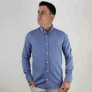 Camisa Ralph Lauren Xadrez Manga Longa Azul Royal Logo Clássico Laranja
