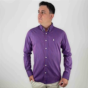 Camisa Ralph Lauren Xadrez Manga Longa Azul Royal Listra Vermelho Logo Clássico Branco