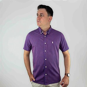 Camisa Ralph Lauren Xadrez Manga Curta Azul Royal Listra Vermelho Logo Clássico Branco