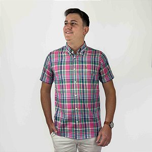 Camisa Social Ralph Lauren Oxford Xadrez Manga Curta Multicolor Rosa Logo Colorido