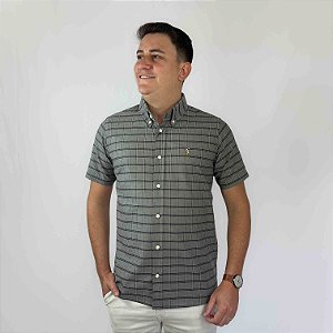 Camisa Social Ralph Lauren Oxford Xadrez Manga Curta Chumbo Listra Preto Logo Colorido