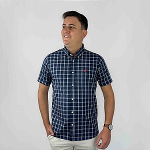 Camisa Ralph Lauren Xadrez Manga Curta Marinho Listra Branco Logo Clássico Vermelho