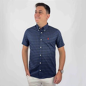 Camisa Social Ralph Lauren Xadrez Manga Curta Marinho Logo Clássico Vermelho