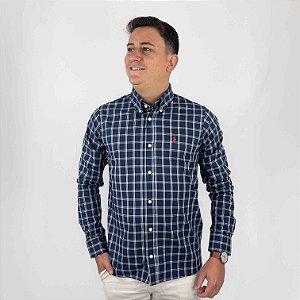 Camisa Ralph Lauren Xadrez Manga Longa Marinho Listra Branco Logo Clássico Vermelho