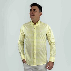 Camisa Social Ralph Lauren Xadrez Manga Longa Amarelo Claro Logo Colorido