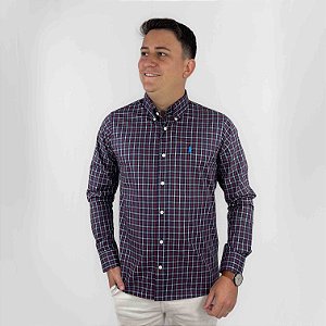 Camisa Ralph Lauren Xadrez Manga Longa Marinho Lista Vermelho Logo Clássico Celeste