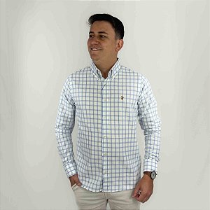 Camisa Social Ralph Lauren Oxford Xadrez Manga Longa Branco Listra Azul Logo Colorido