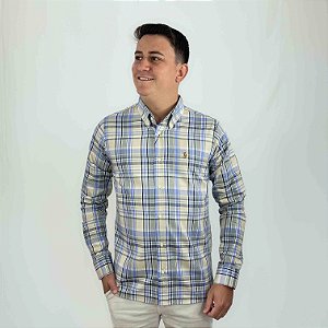 Camisa Social Ralph Lauren Oxford Xadrez Manga Longa Multicolor Bege Logo Colorido