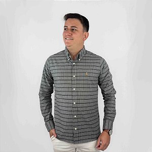 Camisa Social Ralph Lauren Oxford Xadrez Manga Longa Chumbo Listra Preto Logo Colorido
