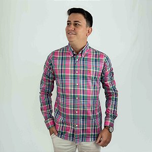 Camisa Social Ralph Lauren Oxford Xadrez Manga Longa Multicolor Rosa Logo Colorido