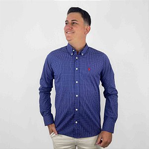 Camisa Ralph Lauren Quadriculada Manga Longa Marinho Logo Clássico Vermelho