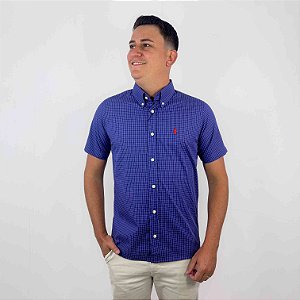 Camisa Ralph Lauren Quadriculada Manga Curta Marinho Logo Clássico Vermelho