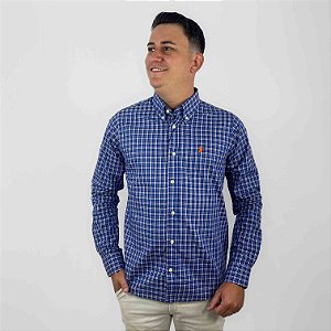 Camisa Ralph Lauren Xadrez Manga Longa Marinho Listra Preto Logo Clássico Laranja