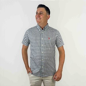 Camisa Ralph Lauren Xadrez Manga Curta Branco Listra Preto Logo Clássico Vermelho