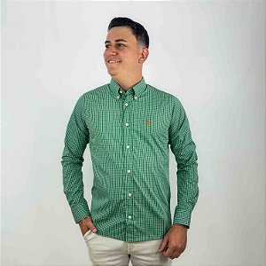 Camisa Social Quadriculada Manga Longa Verde Logo Clássico Laranja