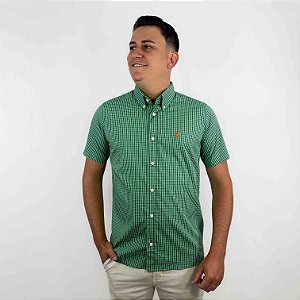 Camisa Social Quadriculada Manga Curta Verde Logo Clássico Laranja