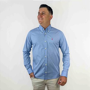 Camisa Ralph Lauren Quadriculada Manga Longa Azul Claro Logo Clássico Rosa Pink