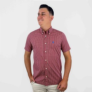 Camisa Ralph Lauren Quadriculada Manga Curta Vermelho Logo Clássico Celeste
