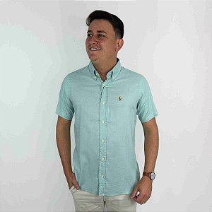 Camisa Ralph Lauren Manga Curta Linha Oxford Verde Claro Logo Colorido
