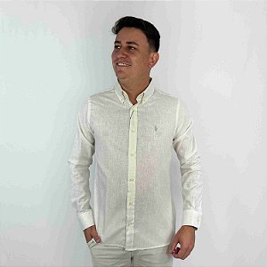 Camisa Ralph Lauren Manga Longa Linho Off-White Logo Clássico Cinza