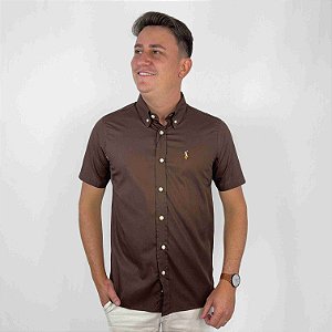 Camisa Ralph Lauren Manga Curta Tricoline Lisa Marrom Logo Colorido