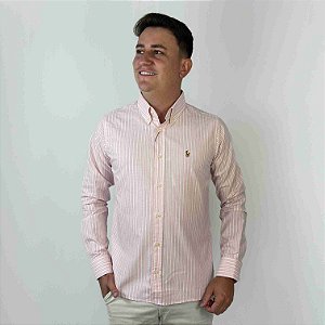Camisa Ralph Lauren Manga Longa Linha Oxford Listrado Rosa Claro Logo Colorido