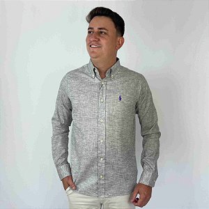 Camisa Ralph Lauren Manga Longa Linho Cinza Claro Logo Clássico Roxo