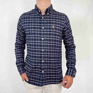 Camisa Ralph Lauren Manga Longa Flanela Xadrez Marinho Logo Colorido