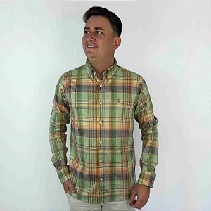 Camisa Social Ralph Lauren Oxford Xadrez Manga Longa Multicolor Verde Logo Colorido