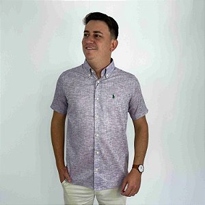 Camisa Ralph Lauren Manga Curta Linho Lilás Logo Clássico Verde