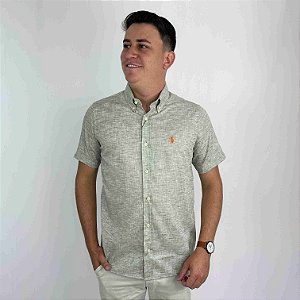 Camisa Ralph Lauren Manga Curta Linho Cinza Mescla Logo Clássico Laranja