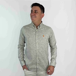Camisa Ralph Lauren Manga Longa Linho Cinza Mescla Logo Clássico Laranja