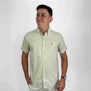 Camisa Ralph Lauren Manga Curta Linho Bege Logo Clássico Laranja