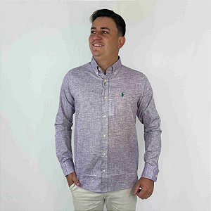 Camisa Ralph Lauren Manga Longa Linho Lilás Logo Clássico Verde