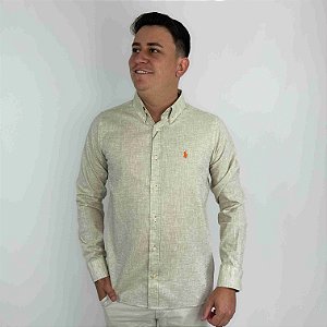 Camisa Ralph Lauren Manga Longa Linho Bege Logo Clássico Laranja