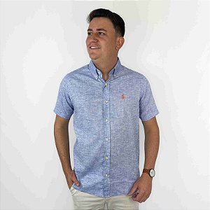 Camisa Ralph Lauren Manga Curta Linho Azul Royal Logo Clássico Laranja
