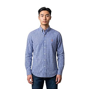Camisa Ralph Lauren Xadrez Manga Longa Azul Listra Preto Logo Laranja