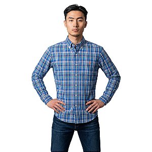 Camisa Ralph Lauren Manga Longa Oxford Xadrez Azul Claro Multicolor Logo Laranja