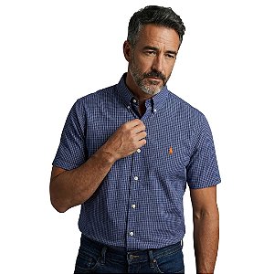 Camisa Ralph Lauren Quadriculada Manga Curta Marinho Listra Branco Logo Clássico Laranja