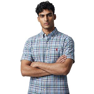 Camisa Ralph Lauren Manga Curta Oxford Xadrez Azul Claro Multicolor Classico Vermelho