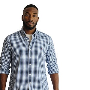 Camisa Tommy Hilfiger Manga Longa Xadrez Azul Piscina Logo Clássico